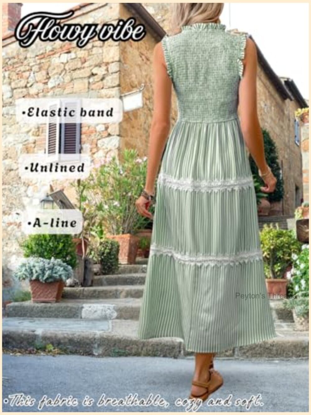 Sleeveless Smocked Flowy Tiered Midi Dress, Casual Striped Sundress - Picture 2 of 7